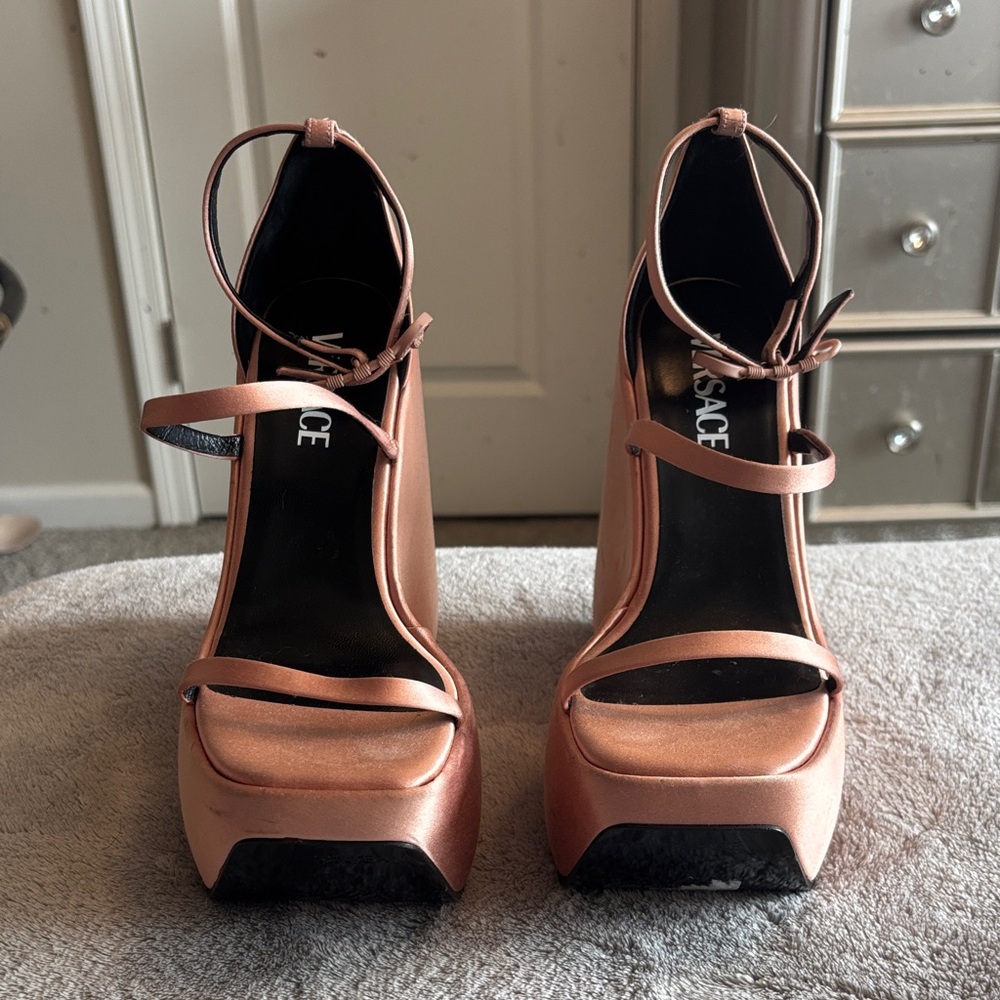 Versace Women's Satin Pink Platform Heels 38 1/2